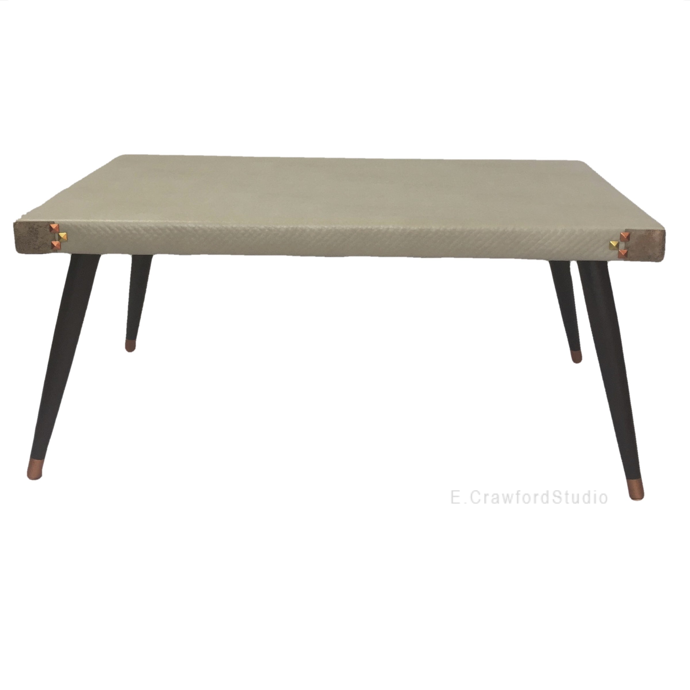 mid century modern, taupe leatherette wrapped coffee table